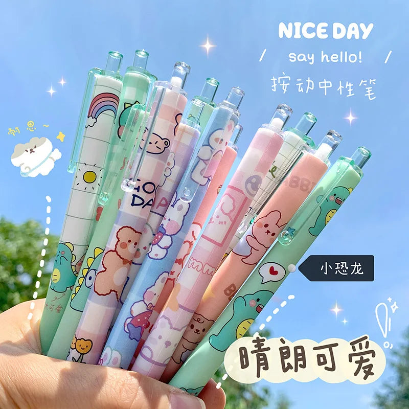 6pcs Kawaii Gel Pen Set Cartoon Press Ballpoint Pen for Students Cute Gelpen 0.5mm Black Refill Office School Stationery