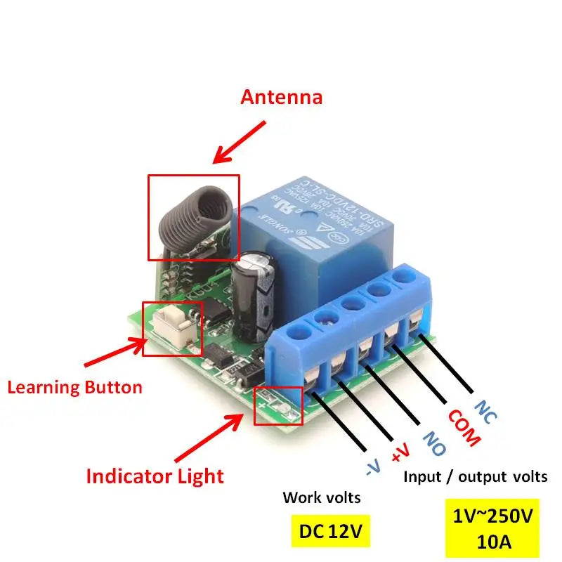 433 Mhz Universal Gate Remote Control Switch DC 12V 10A Relay Receiver Mini Module Remote Control for Gate LED Garage Door