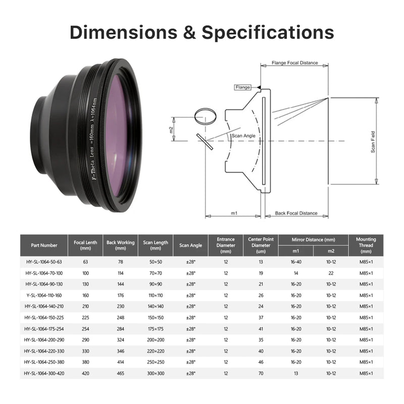 Ultrarayc F-theta Lens 1064nm Focus Lens Laser Focal length 63-420mm Scan Field 50×50-400×400 for YAG Fiber Laser Galvo System