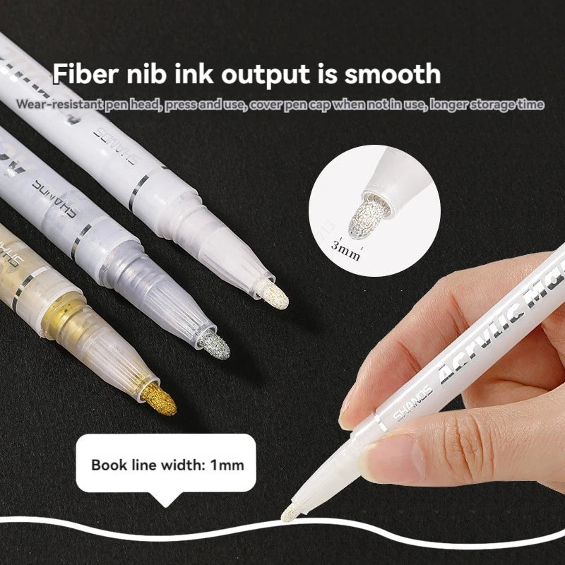 3Pcs/Set High-gloss Acrylic Markers Gold Silver White Painting Graffiti Pens, Waterproof Ink,Practical Portable Markers