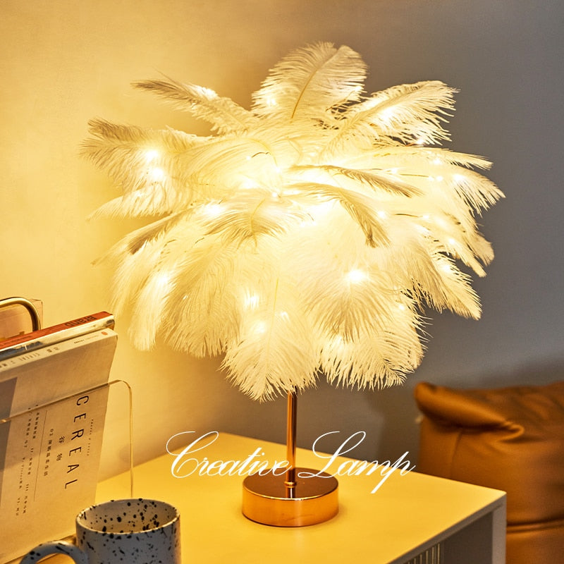 DIY Creative Feather Table Lamp Warm White Light Tree Feather Lampshade Girl LED Wedding Decorative Lights Pink White Birthday