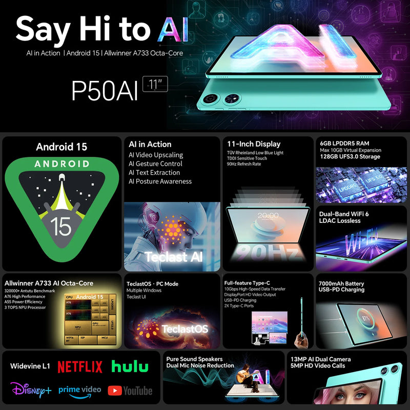Ai Tablet Pc Teclast P50Ai 11 Inch 90Hz Android 15 (6Gb+10Gb) 16Gb Ram 128Gb Lpddr5 1280X800 Ips 7000Mah Wifi-6 Bt 5.4