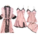 4 Piece Set Women's Pink Satin And Lace Trimmed Pajama Set Home Sleepwear V-Neck Tank Top Pajamas Sleepwear Set Lace Nightgown