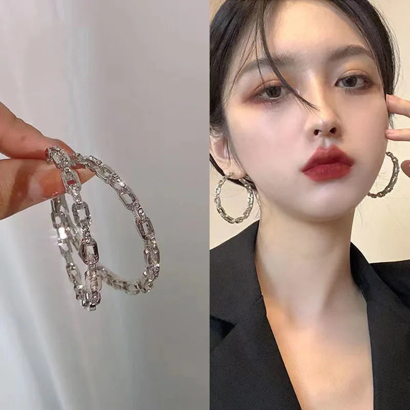 JWER Trendy Chain Huggie Hoop Earrings for Women Cz Simple Rhinestone Ear Buckle Chain Hoop Crystal Zircon Jewelry Accessories