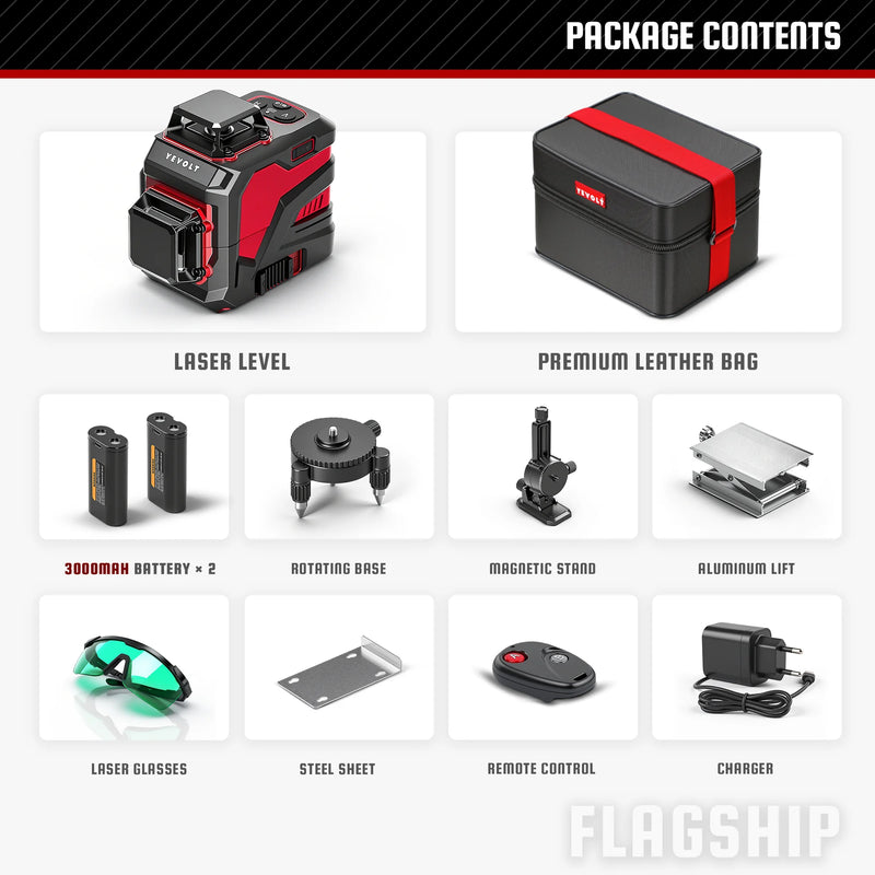 YEVOLT YVGLL4XS12 Series Green Laser Level 3-Plane 12-Line Self-leveling 360 3D Horizontal & Vertical 3.6V 3Ah Power Tools