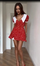 Red Floral Print Peter Pan Collar Dress Women Puff Sleeve V-neck High Waist A-line Mini Dresses Lady Evening Dinner Vestido 2026