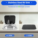 Steel Hand Wash Basin Sink with tap with Folded Faucet Tempered Glass Lid van Camper Trailer Accessories for RV Caravan or Boat