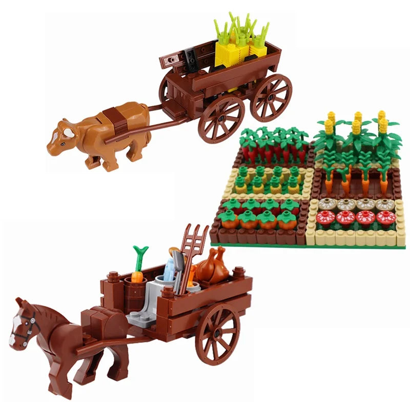 MOC Farm Cattle Horse Carriage Transport Stable Vegetable Garden Bricks Model Building Blocks Toys for Children Christmas Gifts