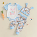 0-18M Baby Boy 3PCS Easter Outfits Short Sleeve Letter Romper with Bunny Egg Pattern Pants and Hat Newborn Sets