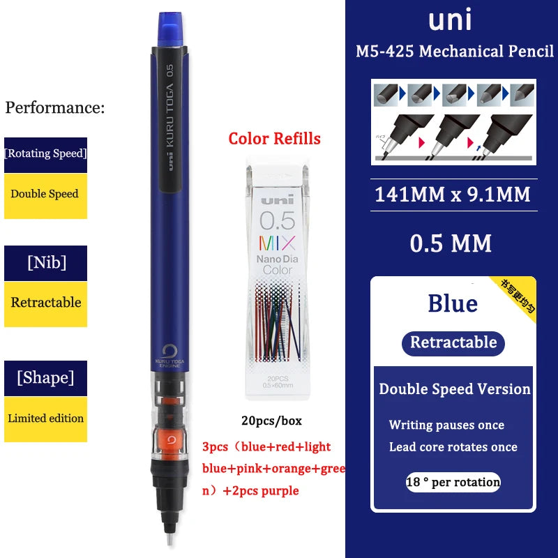 Uni Mechanical Pencil M5-452 Kuru Toga 0.5MM Breakproof Lead lapicero lapices portaminas with Eraser School Student Stationery