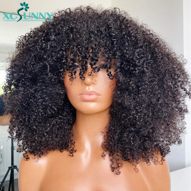 Afro Kinky Curly Bob Wig Human Hair Wigs With Bangs 200 Density Remy Brazilian Scalp Top Curly Human Hair Wigs For Women Xcsunny