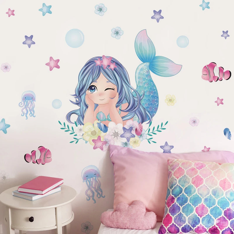 Cute Cartoon Mermaid Swinging Jellyfish Wall Stickers for Baby Girls Room Kids Room Wall Decals Nursery Living Room Decor