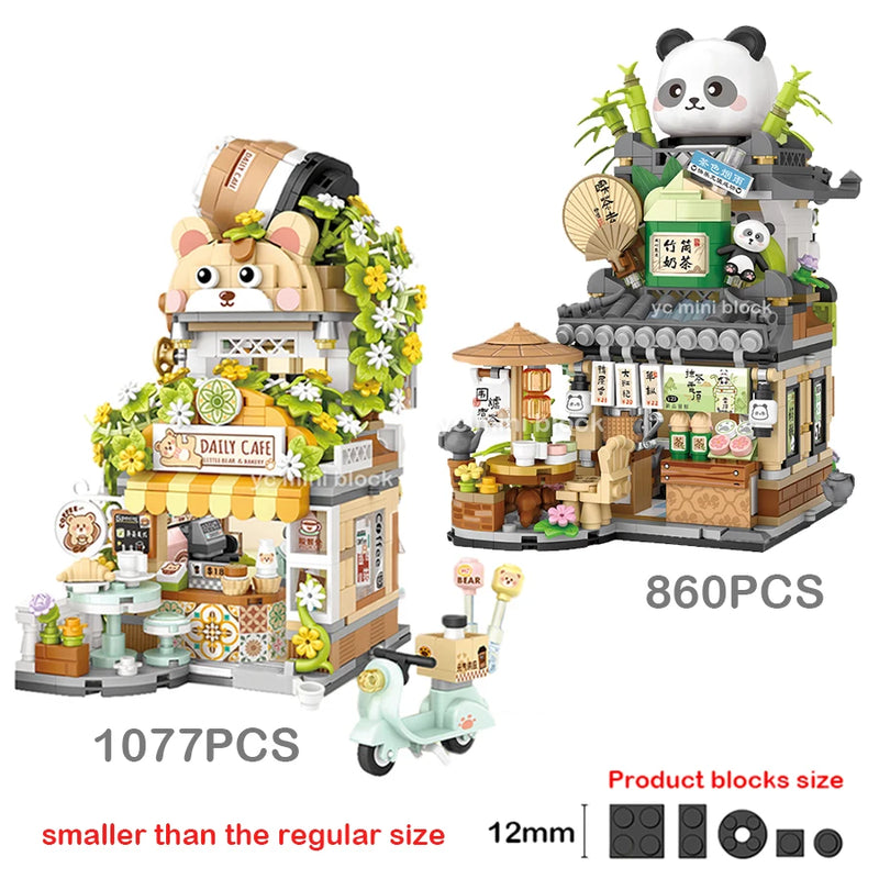 New Cute Little Bear Cafe Flower Shop Panda Tea House Mini Folding Building Block DIY Assembly Puzzle Toys For Kids Adults Gifts