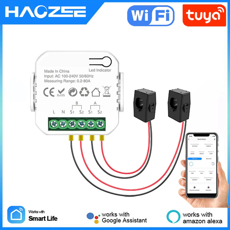 Tuya Smart Life WiFi Energy Meter 80A Bidirectional 2 Channel with Clamp App Monitor Solar Export and Import Power AC110V/240V