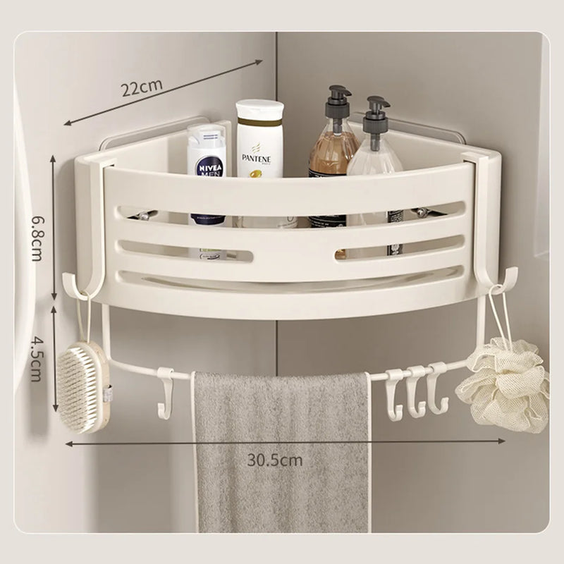 White Bathroom Shelves with Towel Bar and Hooks Shampoo Mackeup Storage Organizer Self Adhesive Wall Mounted Shower Corner Rack