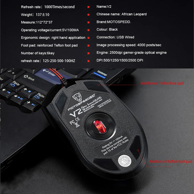 Motospeed V2 Gaming Mouse USB Wired RGB Backlight 6 Buttons Optical Sensor Internet Cafe Special For Computer Laptop