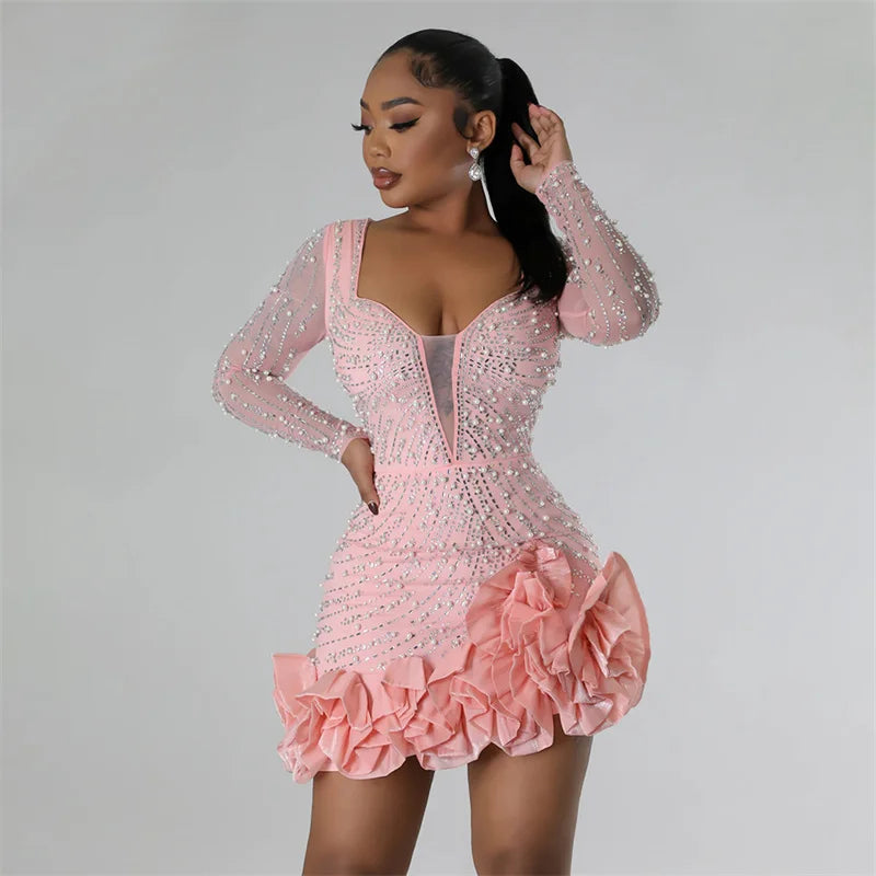 2024 New Women Mesh Sleeve Bodycon Sexy Diamonds Birthday Party Dress Tierred Ruffles Rhinestone Pearls Night Club Dress Pink