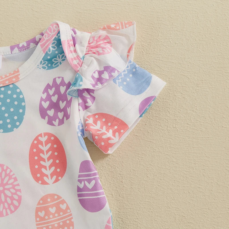 Toddler Girls Floral Print Romper and Ruffle Sleeve Dress Set with Bunny Ear Headband Summer Outfit for Easter