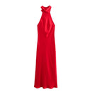 TRAFZA 2024 Female Elegant Slim Long Dresses Solid Sleeveless Backless Bow Decoration Zipper Summer Long Dress Woman Sexy Trendy