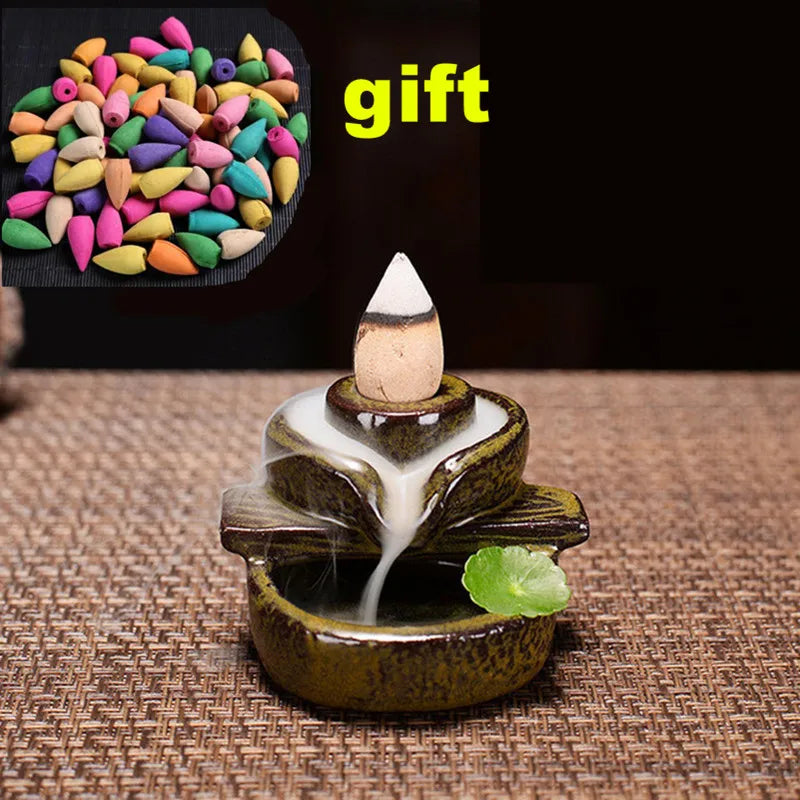 With 30 Incense Waterfall Incense Burner Ceramics Backflow Buddha Censer Backflow Incense Holder Home Office Yoga Teahouse Decor