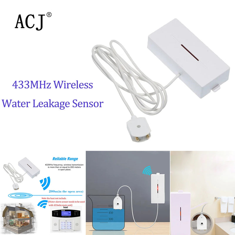 ACJ 433MHz Wireless Water Leakage Sensor Water Leaks Intrusion Detector Alert Water Level Overflow Alarm for Home Security