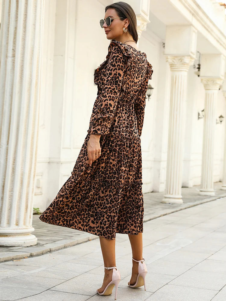JIM & NORA Fashion Women Long Sleeve Round Neck Leopard Print Slim Fit Midi Dress Elegant Vintage Floral Pleated Dresses Casual