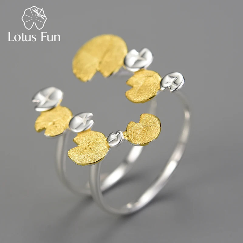 Lotus Fun Elegant Water Lily Leaves Double Layer Adjustable Rings for Women 925 Sterling Silver Luxury Designer Fine Jewelry