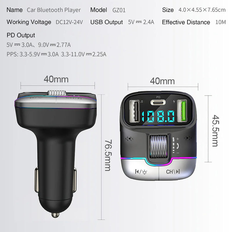 Bluetooth 5.3 Fm Transmitter Wireless Dual USB PD Adapter MP3 Player 3.1A Fast Charger Car Accessories