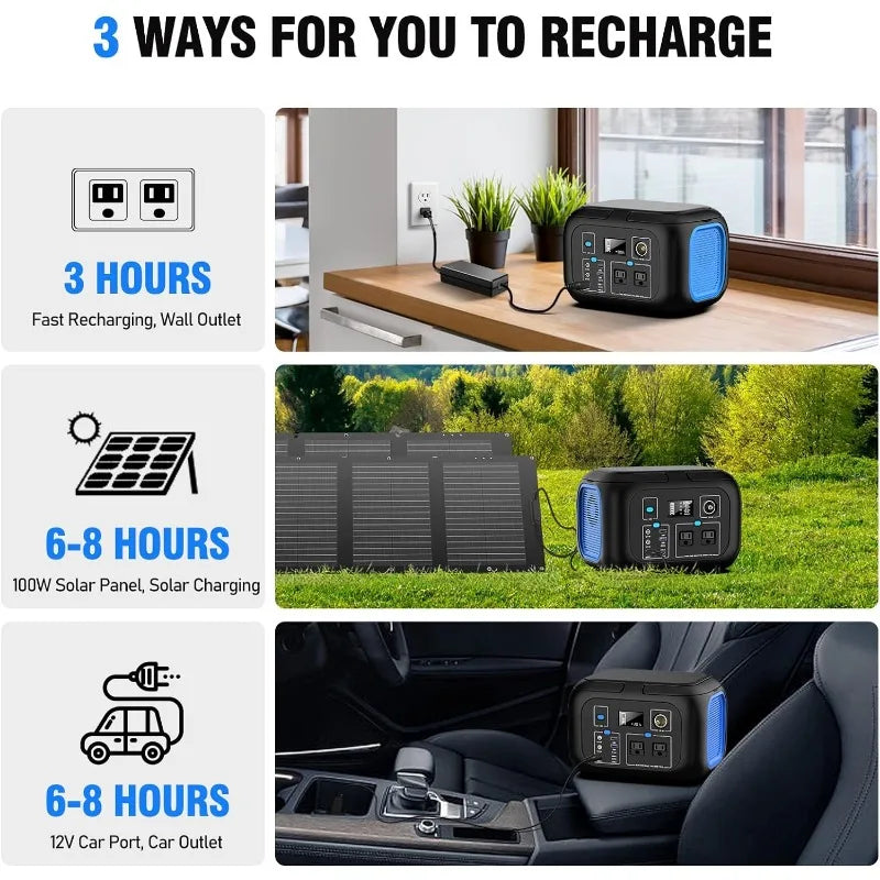 Portable Power Station 600W Power Bank 296Wh Solar Generator Lithium Battery Portable Generator Fast Charging LED Light