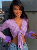 2025 long sleeve fur V-neck wrapped bandage sexy crop tops autumn winter women streetwear club party outfits T-shirts