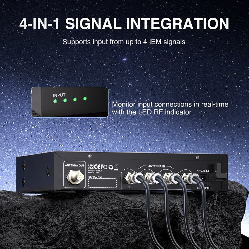 Phenyx Pro PAS-227X UHF Wireless Antenna Combiner Bundle for In-Ear Monitor System, 16 Gain Control, 450-970 MHz Frequency Range