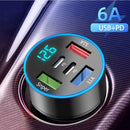 250W Car Charger PD USB Type C Fast Charge Car Cigarette Lighter Plug 5 Port Car Charger Flash Charge with Digital Display