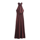 TRAFZA 2024 Female Elegant Slim Long Dresses Solid Sleeveless Backless Bow Decoration Zipper Summer Long Dress Woman Sexy Trendy