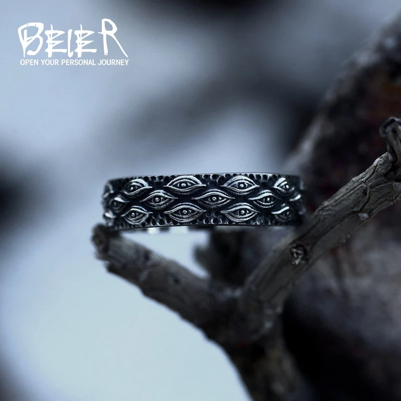 BEIER 2023 New Arrival 316L Stainless Steel Men's Ring Japanese Mythology Carved Eyes Ring For Men Cool Rock Jewelry Gift Party