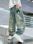 Boys' Jeans 2026 Spring and Autumn Cartoon Children's Pants Fashionable Big Boys' Straight leg Pants Kids Hip Hop Pants 4-14Year