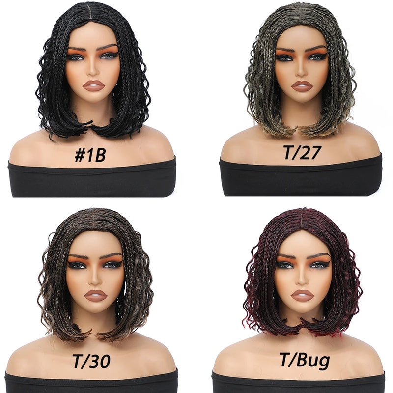 12 Inch Box Knotless Bob Braided Wigs For Black Women Ombre Blonde Braided Bob Wig With Boho Curly Wigs Synthetic Short Bob Wigs