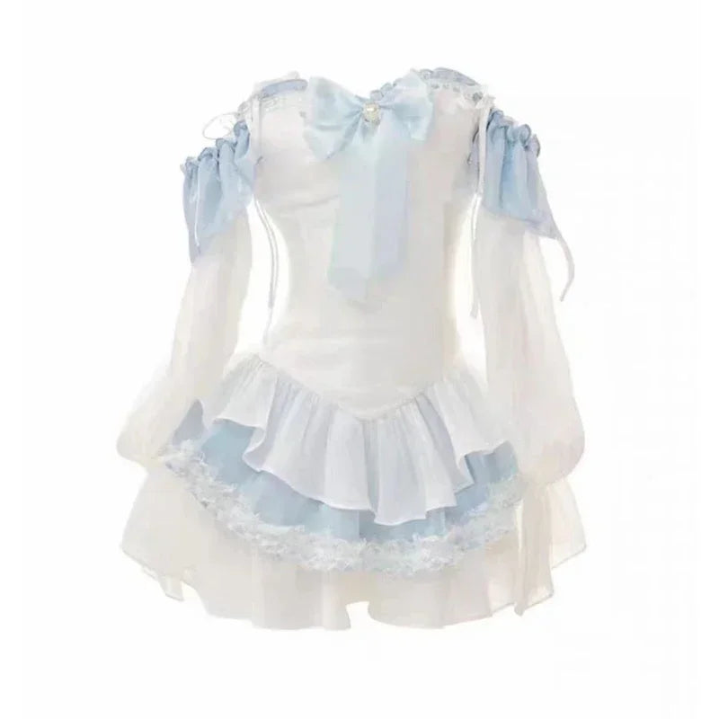 2024 Summer Blue Lolita Clothing Suit Slim Vest + Kawaii Y2k Mini Dress Elegant Short Party Dress Japanese Style Fashion Suit