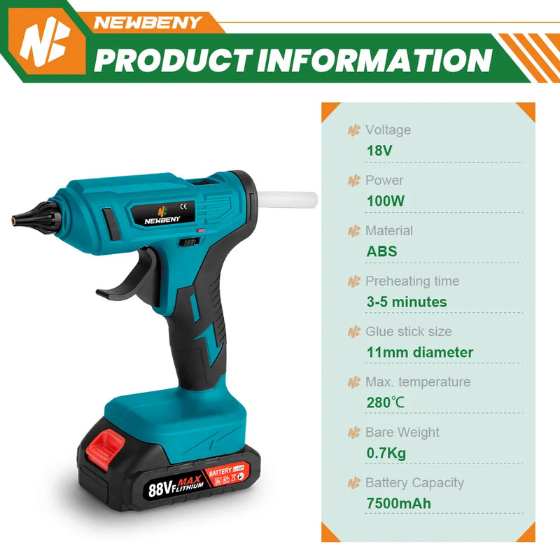 NEWBENY 100W 280°C Cordless Hot Melt Glue Gun Portable Rechargeable with Glue Sticks DIY Repair Tool For Makita 18V Battery Pin