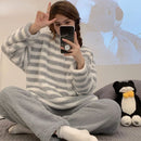 Women's Fluffy Coral Velvet Pajama Sets Winter Cute Students Baggy Cozy Striped Loungewear Simple Warm College Pyjamas Thicken