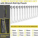 12pcs Combination Ratcheting Wrench Set, CR-V Steel Constructed Wrench Set with Carrying Bag