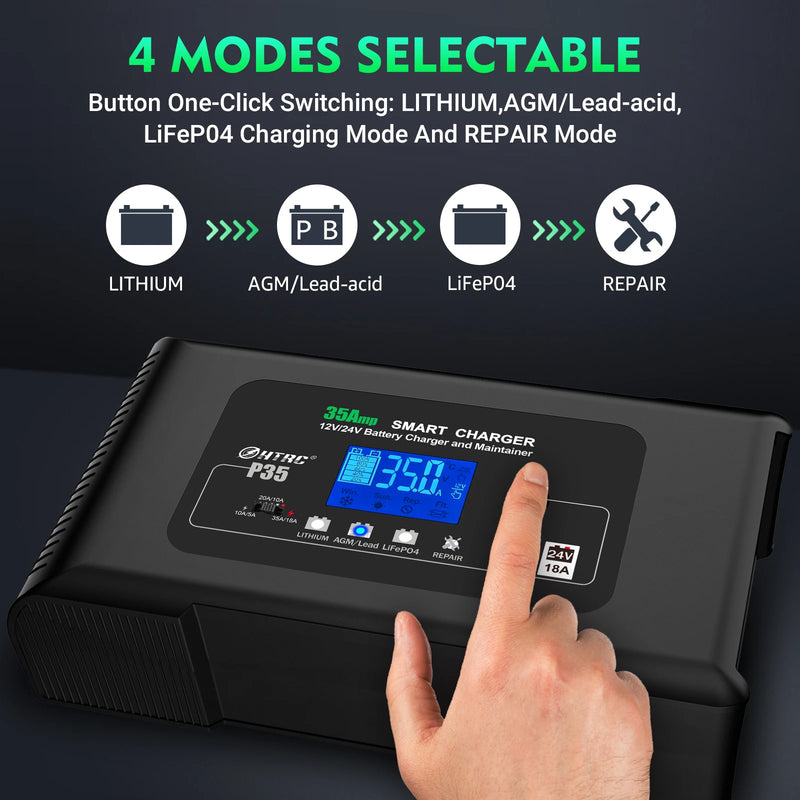 HTRC 12V/35A 24V/18A Car Battery Charger for Auto Moto Truck Motorcycle AGM Lead Acid PB GEL LCD Display Smart Charging