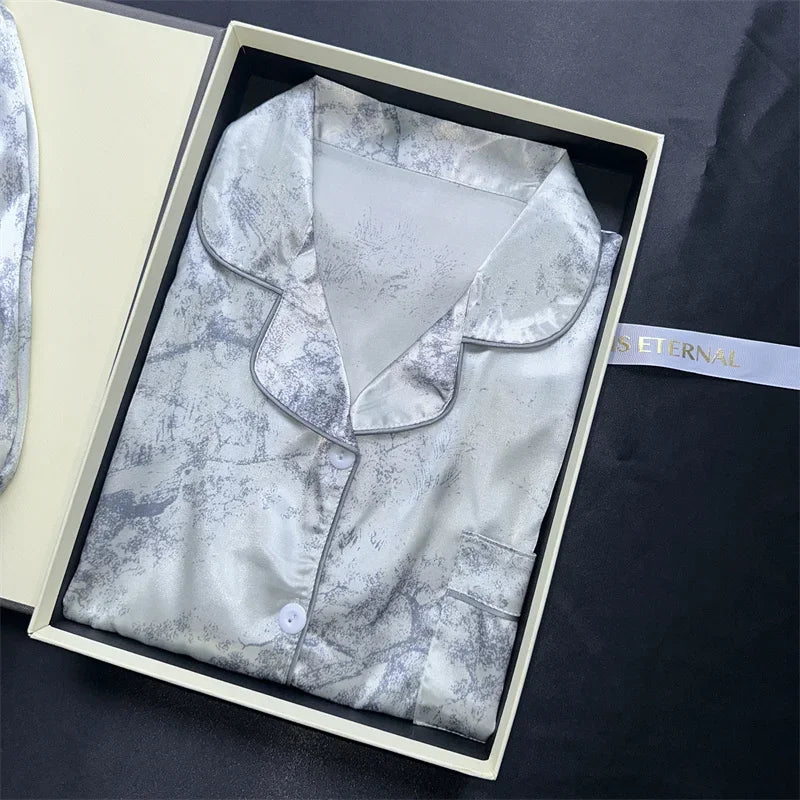 2 Pieces Print Sleepwear Faux Silk Satin Nightwear Pyjamas Fashion Casual Pajama Women Shorts Pajamas Set Ink Painting Outfits