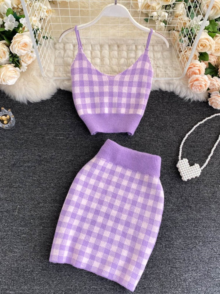 Korean Sweet Knit Plaid Cardigans + Camisole + Skirts 3pcs Sets Girls Short Sweater Coat + Vest + Mini Skirt Suits Women Outfits