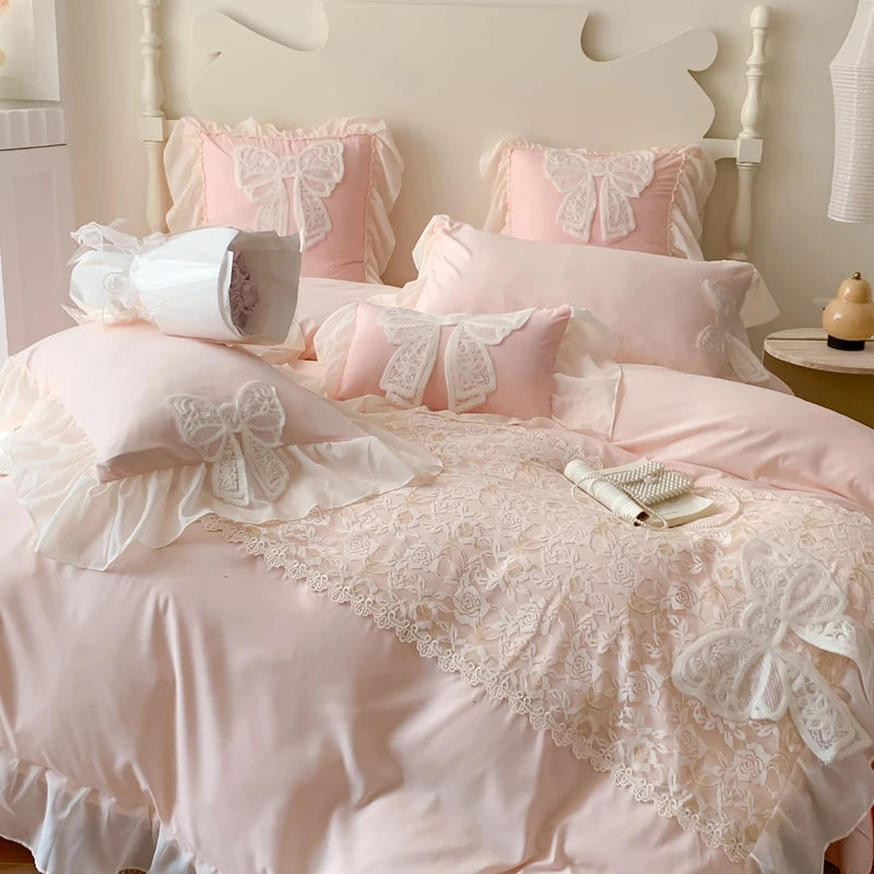 Korean Princess Bedding Set Coquette Lace Bow  Beauty Solid Color Lace Ruffle Comforter Sets Luxury Girls Wedding  Duvet Cover