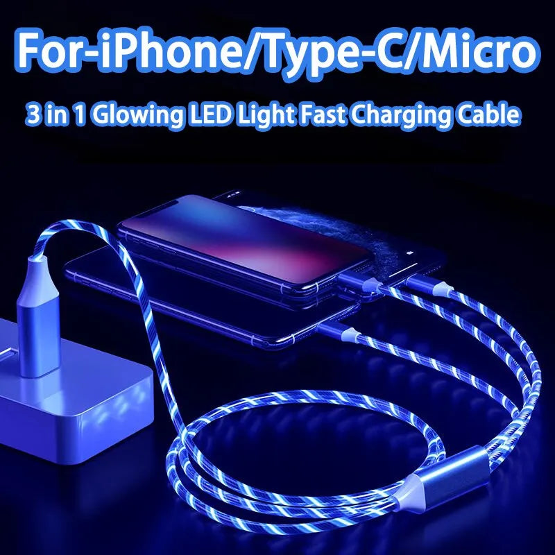 3 in 1 Glowing LED Light 3A Fast Charging Micro USB Type C Cable For iPhone Samsung Xiaomi Redmi Phone Charger USB Cable