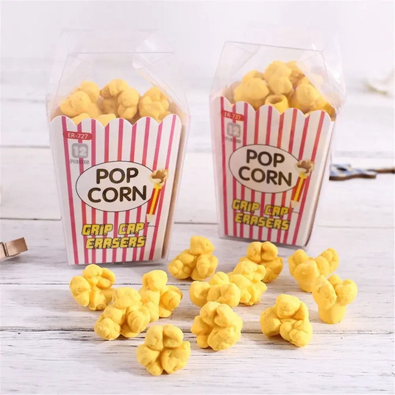 12pcs/box Cute Popcorn Shape Erasers Cute Stationery Pencil Rubbers Eraser Wipe Clean Without Leaving Marks Korean Stationery