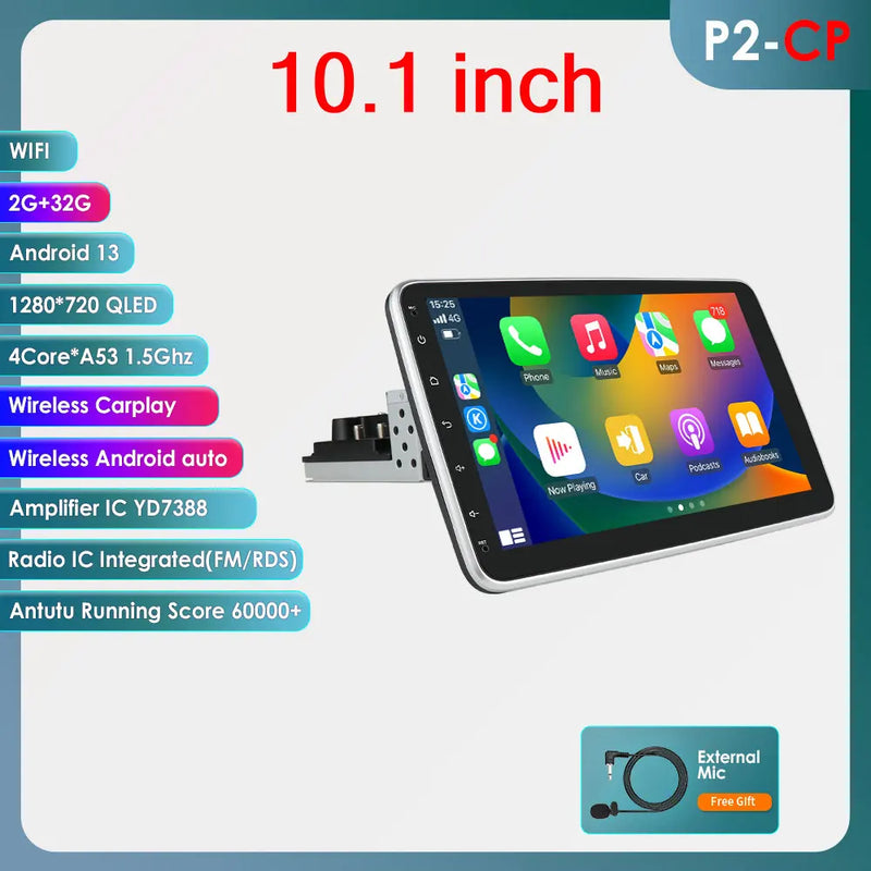 1 Din Android Car Stereo Radio 10.1 Rotate Touch Screen Removable for Universal Carplay GPS Navigation Bluetooth WIFI Autoradio