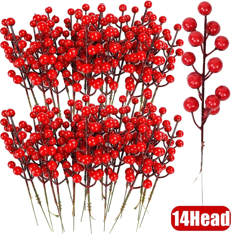 Wholesale Artificial Red Berries Stem Christmas Red Holly Berry Stamen Fake Flowers Plants Ornaments New Year Party Home Decor