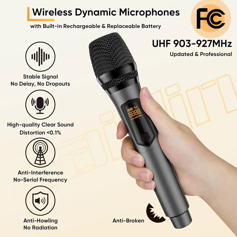 Saiyin Rechargeable Wireless Microphone, Uhf Dual Handheld Dynamic Microphone Karaoke System, with Rechargeable Microphone and Receiver, 200 Ruler Range, 1/4''&1/8'' Output, for Amplifier, Amplifier System