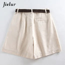 Jielur Shorts All-match 4 Solid Color Sashes Casual Shorts Women A-line High Waist Slim Short Femme Chic S-XXL Ladies Bottom